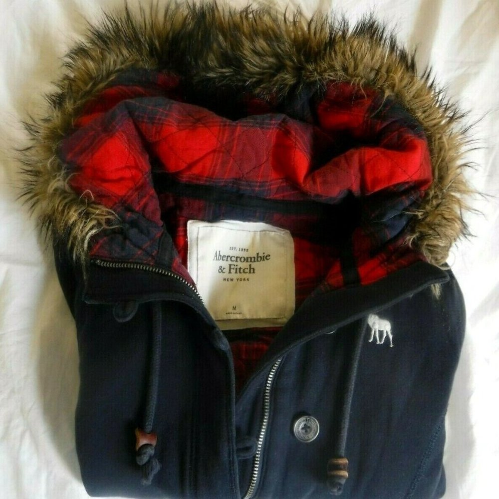 A&F Blue/Red Plaid Flannel Zip Hoody Sweatshirt ~M